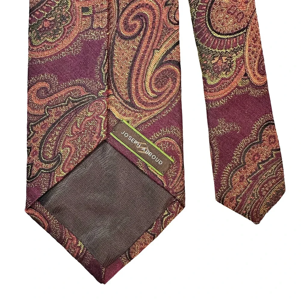 JOSEPH ABBOUD Men's Wool &‎ Silk Paisley Neck Tie • burgundy, orange, yellow